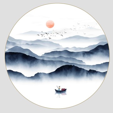 圓形黑白山水掛畫