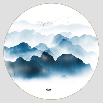 圓形黑白山水掛畫