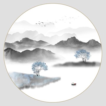 圓形黑白山水掛畫