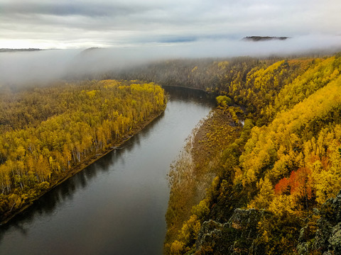 秋季森林河流晨雾