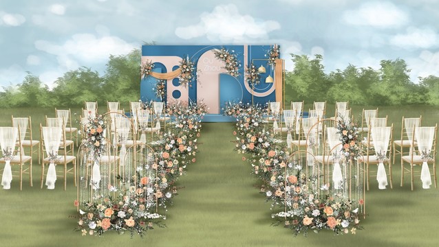 蓝粉色泰式户外婚礼舞台设计