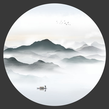 新中式圓形山水畫