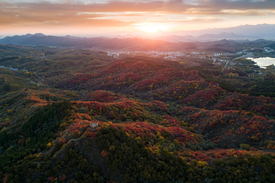 航拍北京郊区密云水库秋天红叶