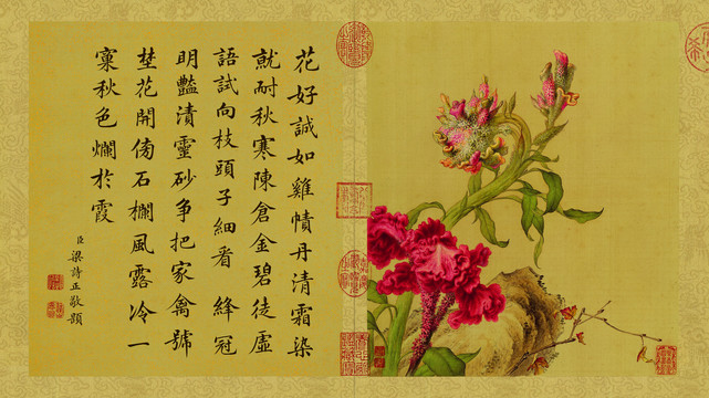 郎世寧仙萼長春雞冠花圖配梁詩正書法