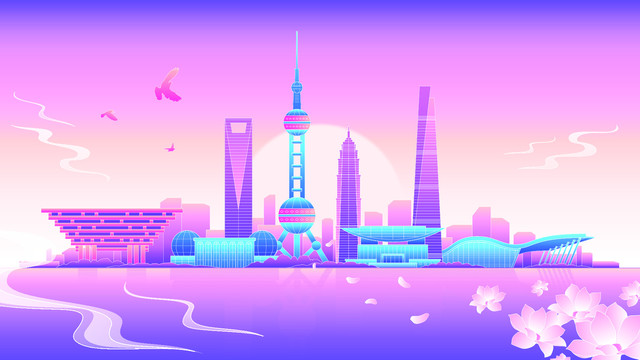 上海市地标建筑手绘插画