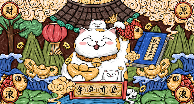 招財貓國潮包裝插畫