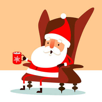 圣诞老人坐在扶手椅子手拿热饮料