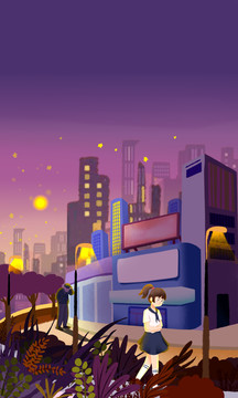 室外夜景兒童插畫