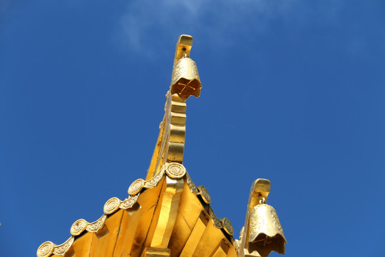 黄金建造的中式古建大殿飞檐神兽