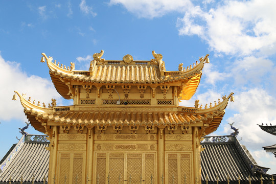 纯金色黄金中式古建筑宫殿大殿