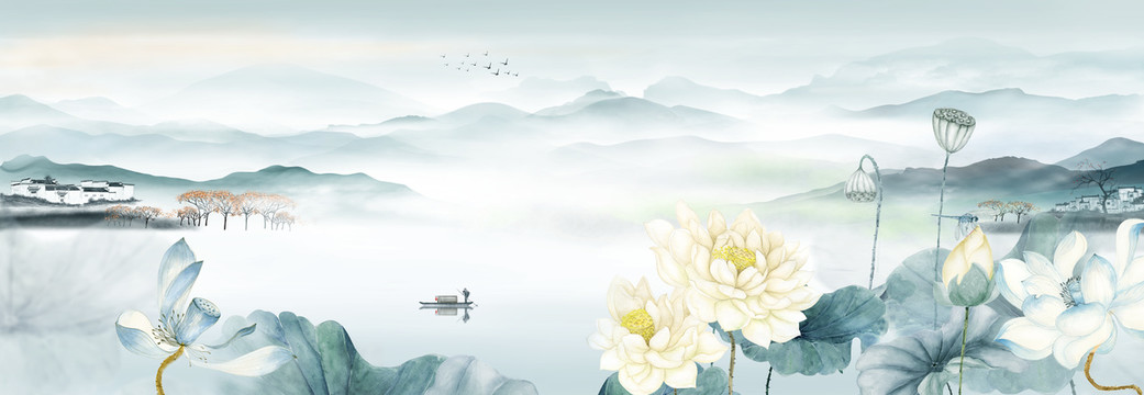 水墨荷花山水畫