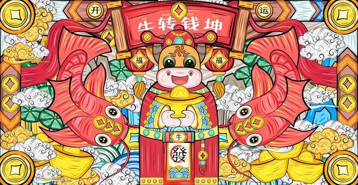 国潮牛年牛财神开运锦鲤插画