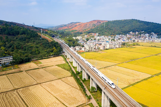 驶过秋天田野的武广高铁动车