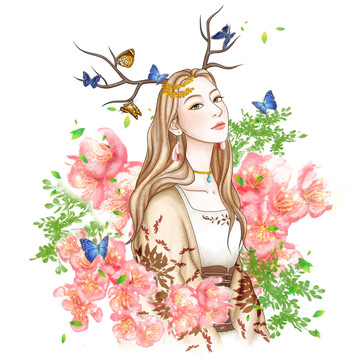 手繪水彩森林女孩原創(chuàng)插畫