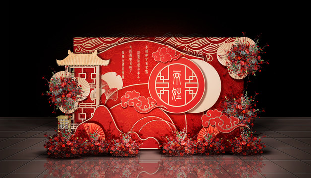 中式迎宾区婚礼手绘效果图