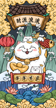 招財貓國潮插畫