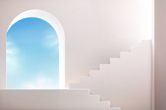 天空背景拱门双阶梯展示台三维图