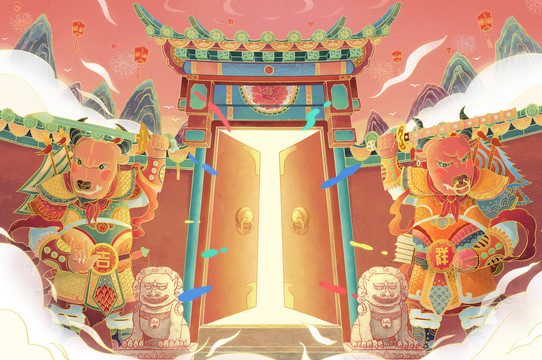 中國風(fēng)新年牛牛門神插畫