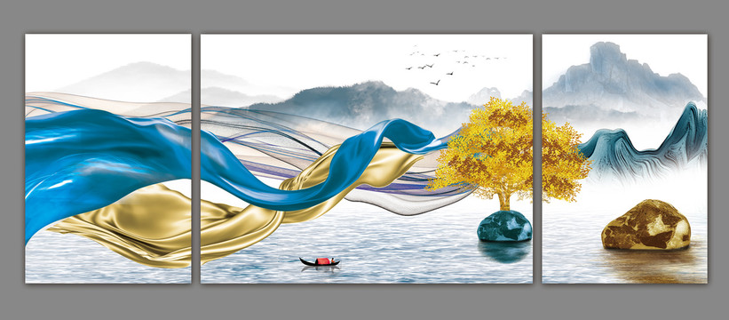 新中式山水风景三联装饰画
