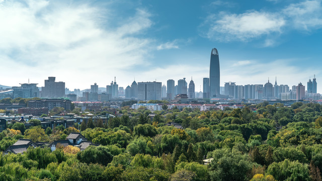 航拍济南建筑天际线全景