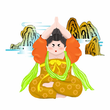 原創(chuàng)繪畫唐氏唐仕女圖瑜伽劈山式