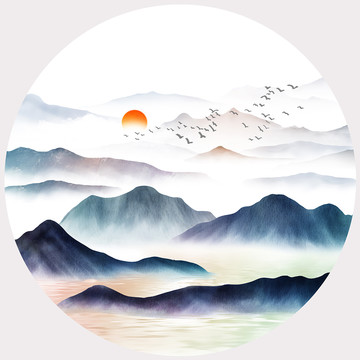 藍(lán)色中式水墨山水輕奢圓框裝飾畫(huà)