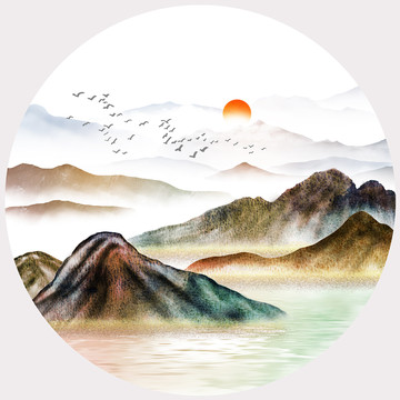 中式水彩水墨山水輕奢圓框裝飾畫