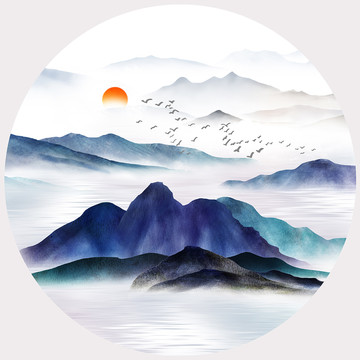 新中式圓框水墨山水輕奢裝飾畫