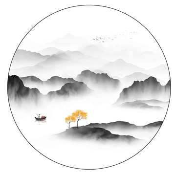 圓形山水掛畫壁紙墻畫