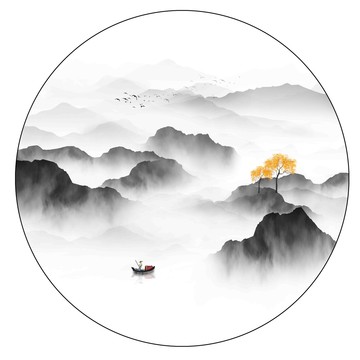 圆形黑白山水无框画