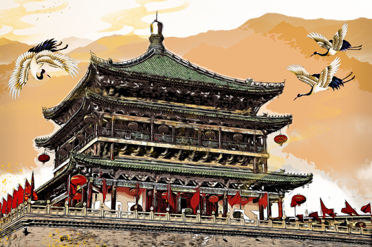 國(guó)風(fēng)地標(biāo)西安鐘樓古城墻插畫壁畫