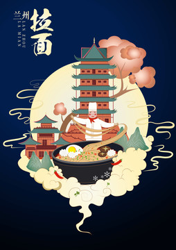 矢量蘭州拉面插畫海報(bào)