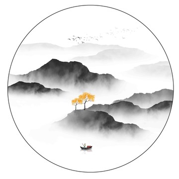 水墨圓形山水圖