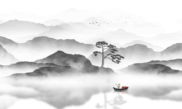 迎客松水墨山水畫