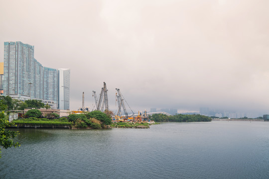 澳门城市建筑天际线和滨海风光