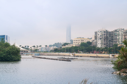 澳门城市建筑天际线和滨海风光