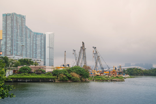 澳门城市建筑天际线和滨海风光