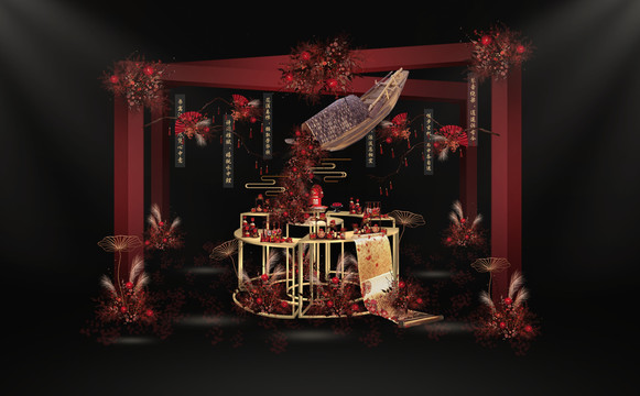 红色中式婚礼效果图甜品桌