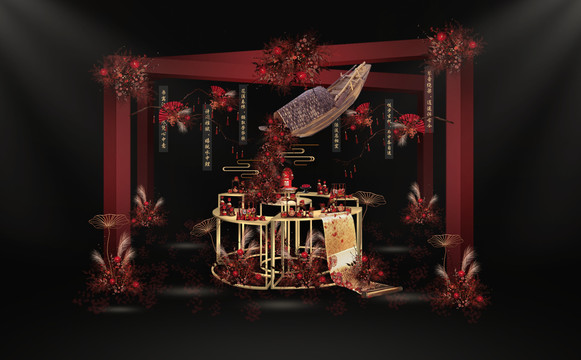 紅色中式婚禮效果圖甜品桌