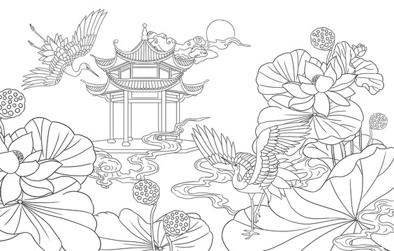 國潮西湖建筑線描