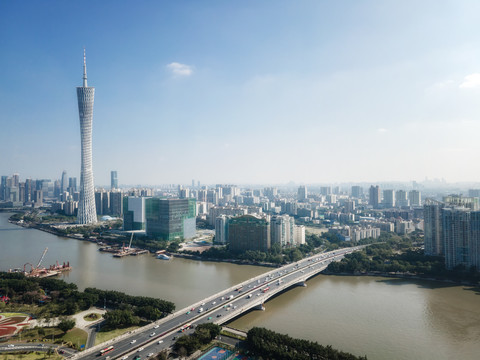 航拍广州珠江两岸建筑景观天际线