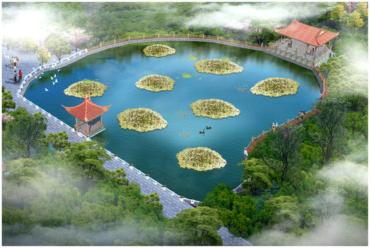 水景觀水塘亭子水榭木棧道