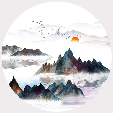 新中式圓形手繪山水無框畫