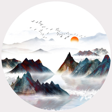 新中式圓形手繪山水無框畫