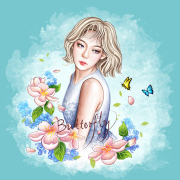 手繪水彩人物蝴蝶少女原創(chuàng)插畫