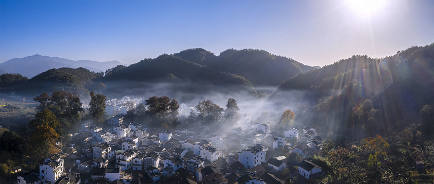 鸟瞰美丽乡村起炊烟全景大图