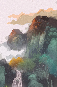 國(guó)潮插畫手繪山水風(fēng)景畫