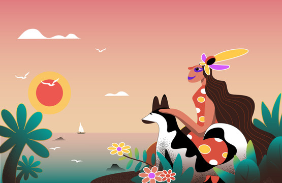 美女和狗狗在海邊看夕陽插畫