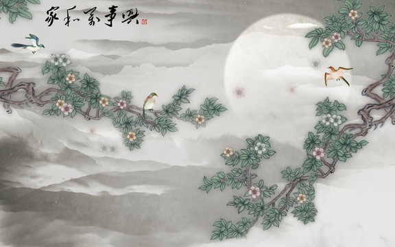 國(guó)潮插畫手繪水墨山水花鳥月夜圖