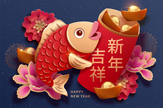 鲤鱼抱红包新年剪纸风贺图